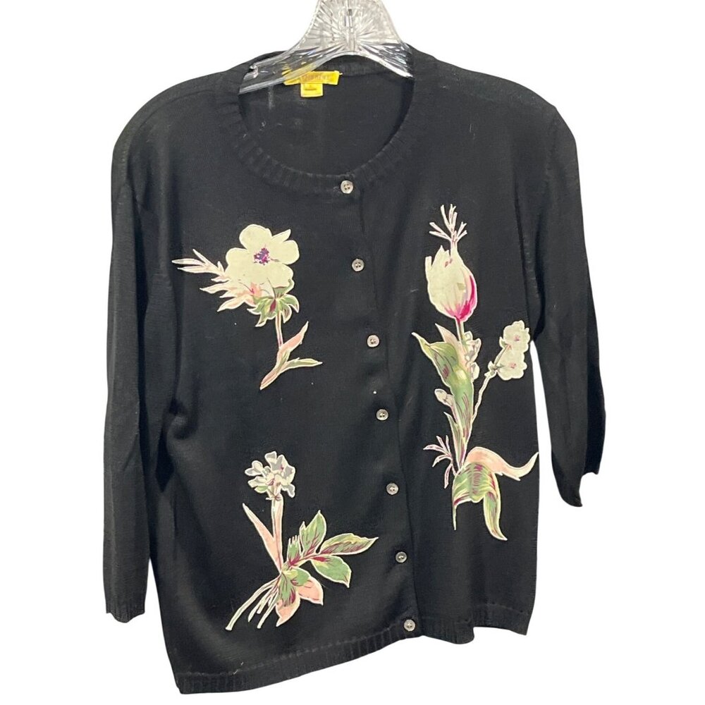 Catherine Black Silk Cardigan With Floral Embroidery & Button Front Size L 22L